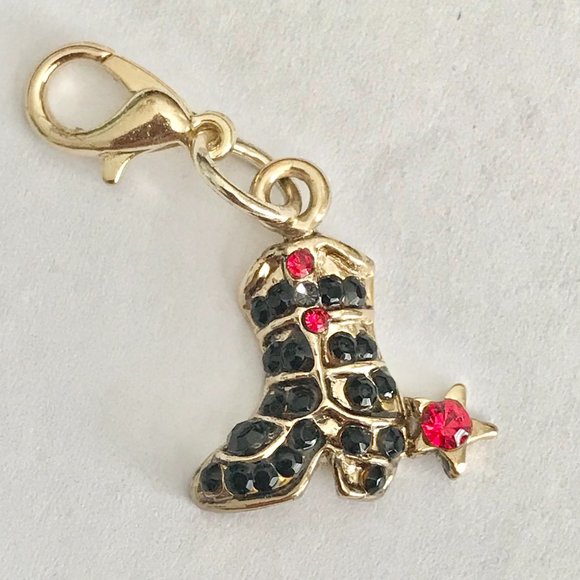 Vintage Cowboy Boot Charm Crystal Gold Plated Clip On Zipper Pull Purse Cowgirl - Picture 4 of 6